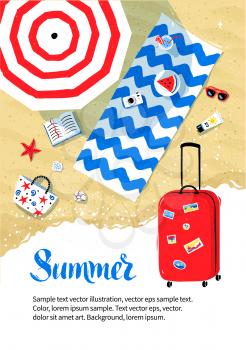 Summer vacation flyer design with top view of parasol and beach mat with accessories on sand and red travel bag.