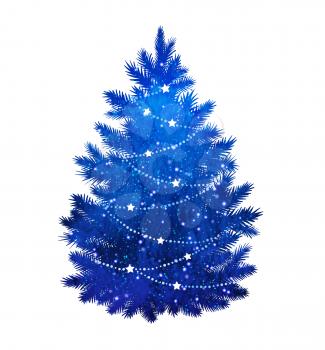 Blue silhouette of Christmas tree on white background.