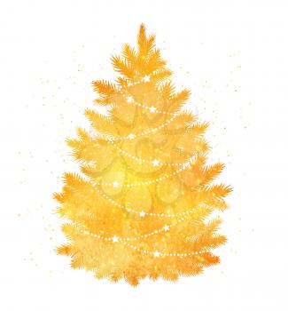 Gold colored silhouette of Christmas tree on white background.