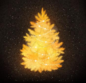 Gold silhouette of Christmas tree on black background with sparkles.