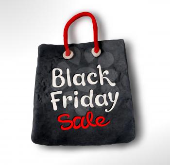Vector illustration with Black Friday lettering and hand made plasticine shopping bag banner on white background.
