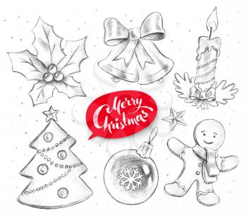 Hand drawn graphite pencil illustrations collection of Christmas objects.