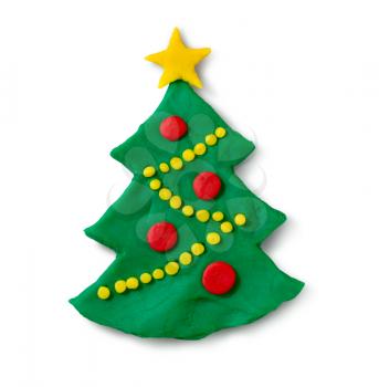 Hand made plasticine figure of Christmas Tree with shadow on white background.