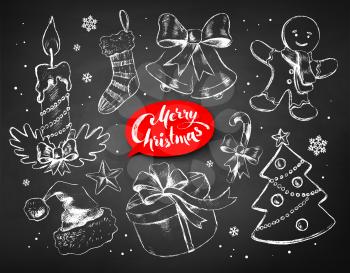 Christmas chalked line art vector set with festive objects and lettering banner on blackboard background.