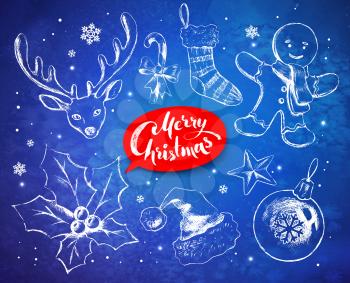 Christmas vintage line art vector set with festive objects and lettering banner on blue grunge background with sparkles.
