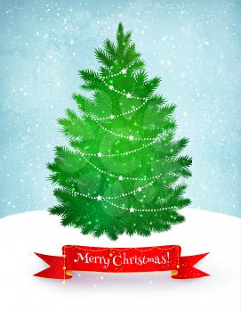 Vector illustration of Christmas postcard with fir tree and ribbon banner. 