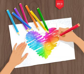 Top view vector illustration of hand drawing rainbow heart with color pencils and paper on wooden background.