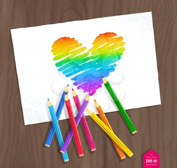 Top view vector illustration of rainbow heart with color pencils and paper on wooden background.