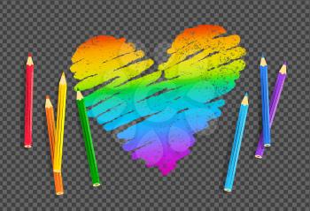 Vector sketch of rainbow colored heart with color pencils on transparency background.