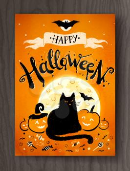 Halloween postcard design with lettering, black cat and pumpkins on wood background.