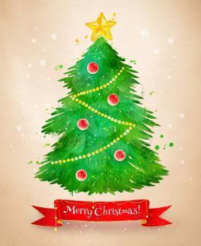 Vintage vector watercolor postcad with Christmas Tree and red ribbon banner