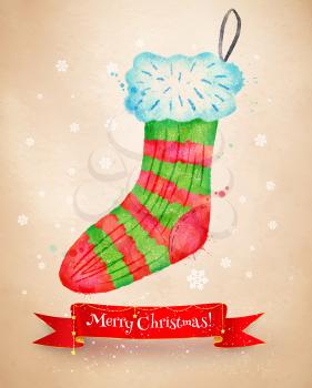 Christmas vintage vector watercolor postcad with  sock and red ribbon banner