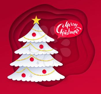 Vector illustration of white decorated fir tree with red paper cut layered banner and red Merry Christmas speech bubble.