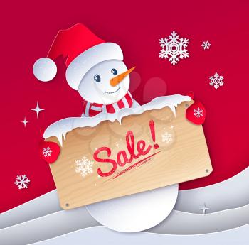 Vector paper cut style illustration of cute Snowman character with sale wooden signboard on snowdrifts and snowflakes red background.