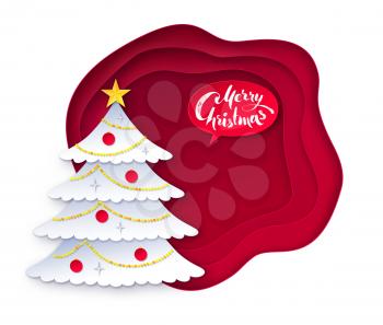 Vector illustration of decorated fir tree with red paper cut layered banner and Merry Christmas speech bubble.