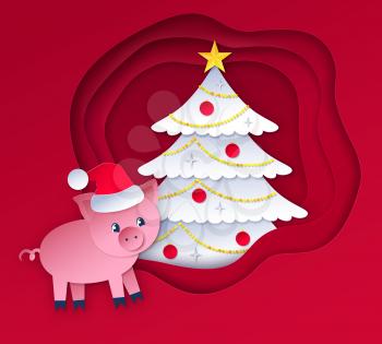 Vector cut paper art style illustration of New Year tree and cute pig character wearing santa hat.
