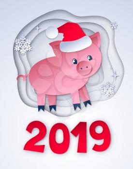 Vector cut paper art style illustration white colored postcard of New Year Pig and 2019 numbers.