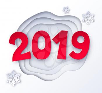 Vector cut paper art style illustration of 2019 numbers on white layered shapes background with snowflakes.