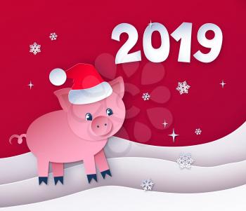 Vector cut paper art style illustration red colored postcard of New Year Pig and white 2019 numbers.