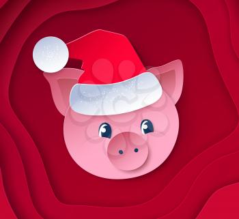 Vector cut paper art style isolated illustration of cute funny New Year Pig face wearing Santa hat on red layered background.