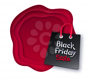 Cut paper art style illustration of shopping bag with Black Friday lettering on red layered shapes banner background.