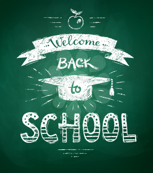 Welcome Back to School poster with mortarboard cap and ribbon banner on green chalkboard background.