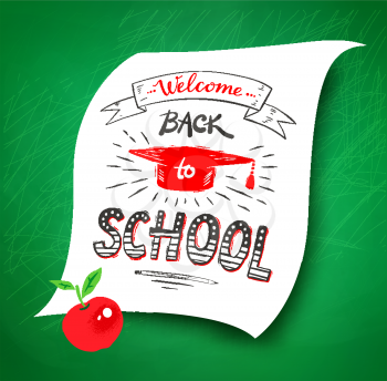 Welcome Back to School lettering with graduation hat and red apple on green chalkboard background.