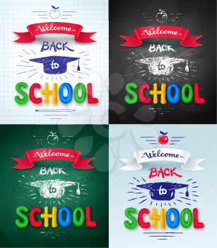 Vector collection of Welcome Back to School posters with mortarboard cap, ribbon banner and plasticine letters on chalkboard and notebook paper background.