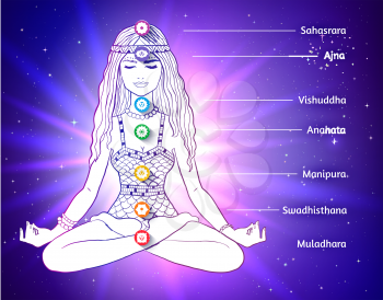 Young woman sitting in pose of lotus and meditating on ultraviolet outer space background with chakras. 