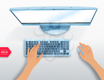Top view vector illustration of hands with desktop computer with realistic shadow on transparency background.