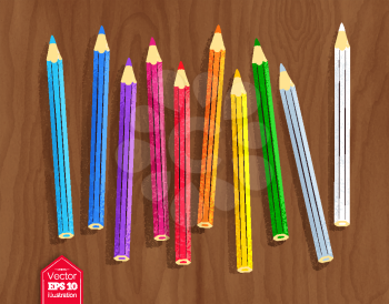 Top view vector illustration of color pencils on wooden desk background.
