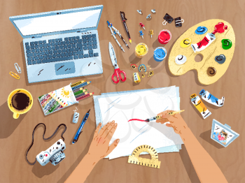 Top view vector illustration of artist's workplace with laptop, painting tools and hands on wooden desk.