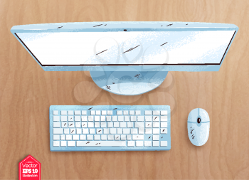 Top view vector illustration of desktop computer with realistic shadow on wooden table background.