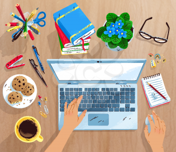 Top view vector illustration of workplace with laptop,coffee and hands on wooden desk.