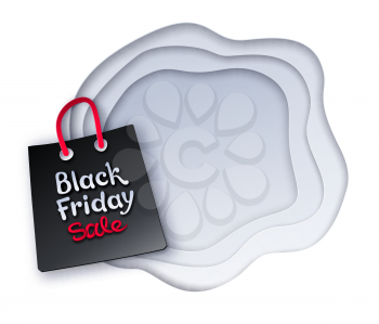 Cut paper art style illustration of shopping bag with Black Friday lettering on white layered shapes banner background.
