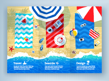 Summer vacation tri-fold brochure design with vector illustration of beach mats and seaside accessories on sand background and sea surf.