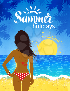 Vector illustration of poster with young woman on beach, sunset and palms with summer word lettering