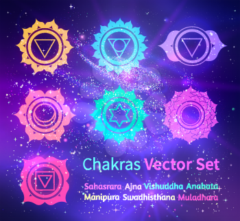 Vector illustration of glowing chakras on ultraviolet outer space background.