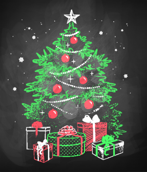 Color chalk vector sketch of Christmas tree decorated with balls, garlands and star with gift wrapped boxes on black chalkboard background. 