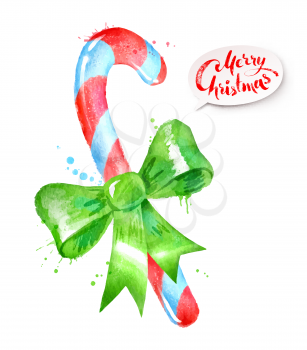 Vector watercolor illustration of Christmas candy cane with paint splashes  isolated on white background.