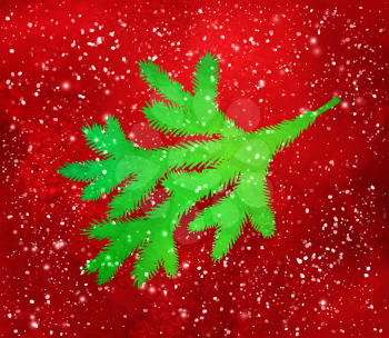 Vector illustration of green Christmas spruce branch silhouette on red glitter grunge background. 