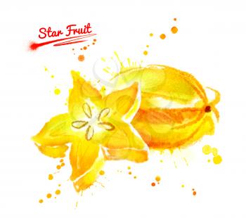 Watercolor illustration of star fruit, whole and sliced with paint smudges and splashes.