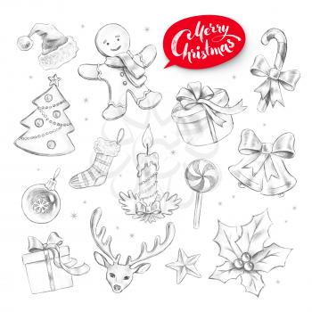 Hand drawn graphite pencil collection of Christmas objects.