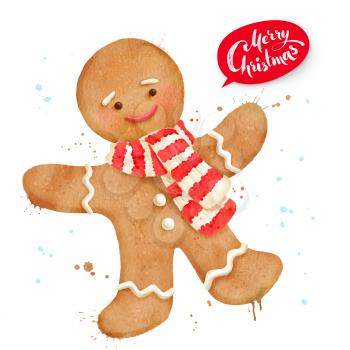 Christmas watercolor illustration of gingerbread man cookie with paint splashes.