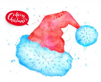 Christmas watercolor illustration of Santa hat with paint splashes.