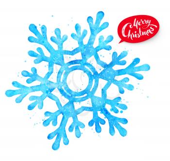 Watercolor illustration of snowflake with paint splashes.