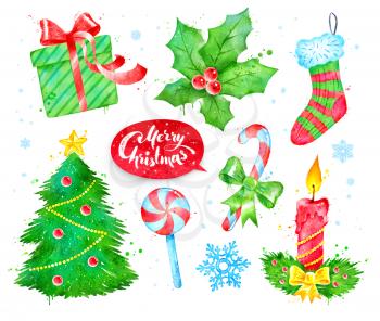 Watercolor illustrations set with Christmas symbols.