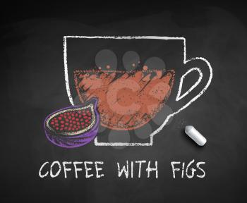 Vector chalked sketch of coffee with Figs with piece of chalk on chalkboard background.