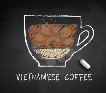 Vector chalked sketch of Vietnamese coffee with piece of chalk on chalkboard background.