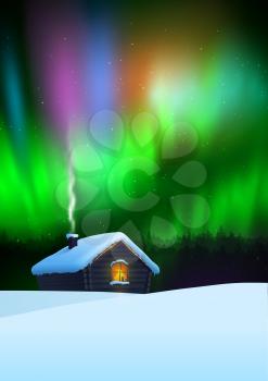 Vector illustration of winter night landscape with house and aurora borealis skies.